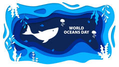 世界海洋日造纸艺术.全球庆祝活动致力于保护鱼类或植物。海滩生态系统保护概念。海浪折纸.