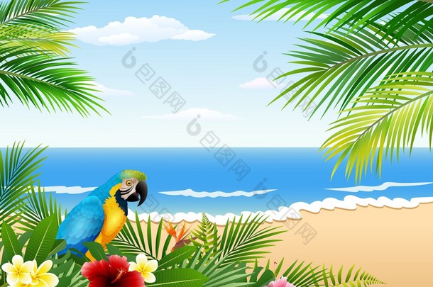 与热带海滩、 热带植物和鹦鹉卡