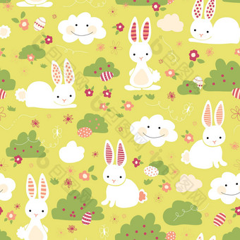 复活节兔子无缝向量模式。可爱的兔子, 复活节彩蛋, 鲜花, 绿色背景上的云。卡通风格的兔子隐藏鸡蛋。礼品包装, 数码纸, 儿童面料, 网页横幅, 春天.图片