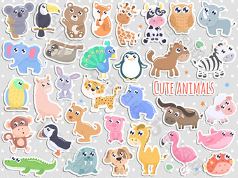 大套可爱的卡通动物贴纸矢量插图。扁平设计.图片