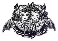 哥特式维多利亚双胞胎巫婆吸血鬼女孩头画像.