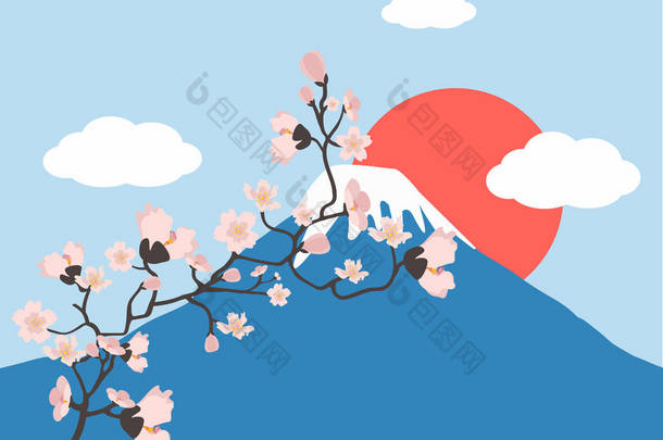 粉红色花枝和富士山载体