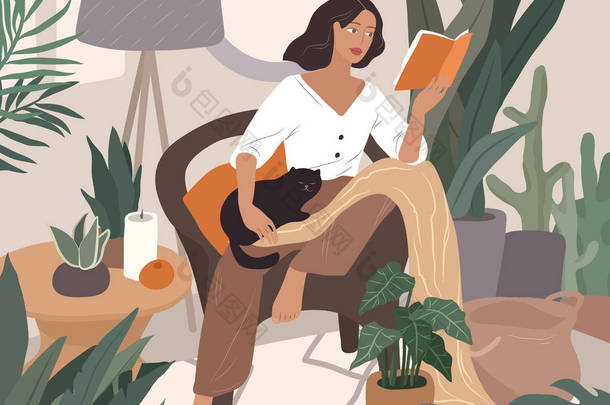 <strong>可爱</strong>的女孩在看书，与猫和咖啡一起休息。 年轻女子在家庭内部的日常生活和日常<strong>场景</strong>
