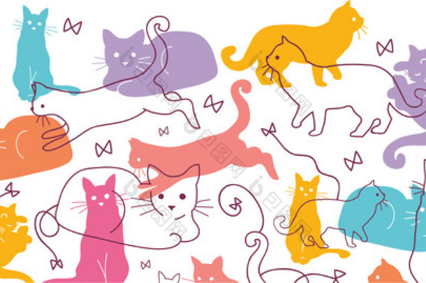 彩色猫科动物横向无缝图案背景边界