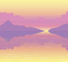 风景名胜景观粉红色日落飞过山和反映湖的水面上
