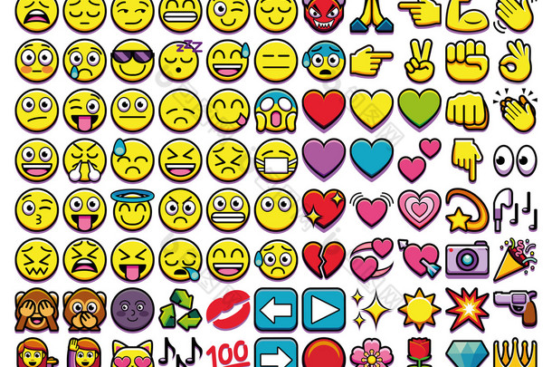 白色背景上分离出的不同 110 Emojis 一套