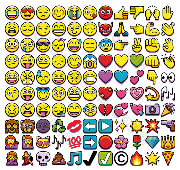 白色背景上分离出的不同 110 Emojis 一套