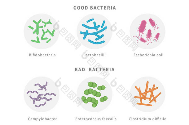 良好的和坏的细菌菌群图标设置隔离的白色背景。肠道 dysbiosis 概念医学例证与微生物.