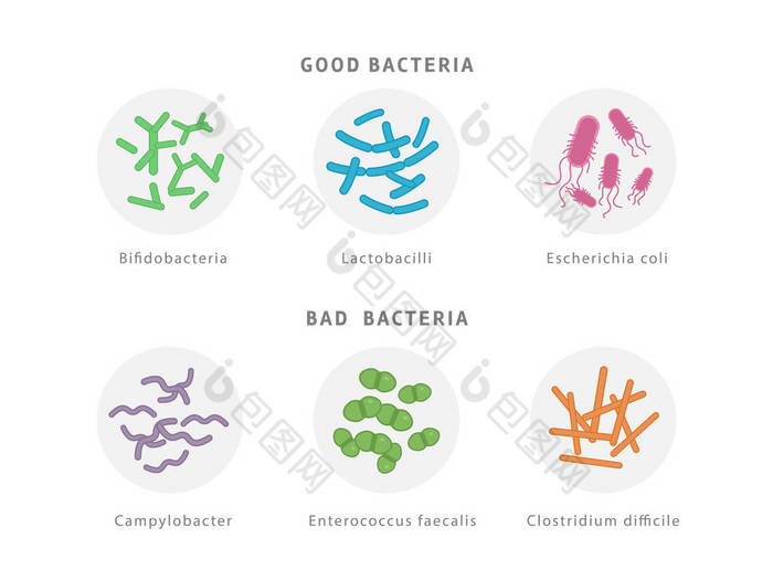良好的和坏的细菌菌群图标设置隔离的白色背景。肠道 dysbiosis 概念医学例证与微生物.