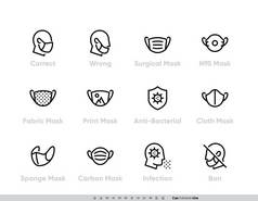 保护医疗面罩图标设置。医院网站安全呼吸口罩外科、流感病毒流行病预防、工业安全N95 、呼吸机、织物、海绵及禁止使用口罩规则