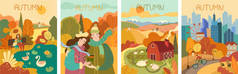 秋天生活的四个五颜六色的描绘集
