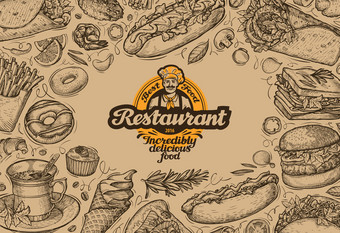 模板设计菜单餐厅或小餐馆。手工绘制的食物图片