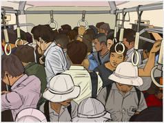 拥挤的通勤火车在颜色的插图