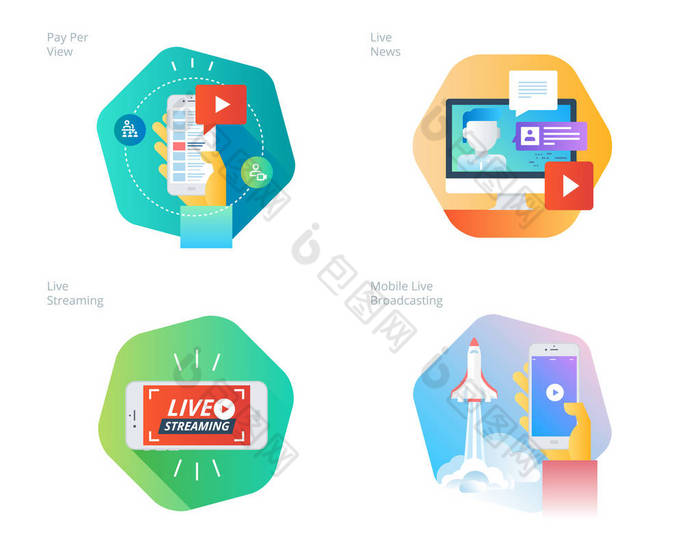 材料设计图标设置为实时的流媒体，移动广播、 付费视图、 在线视频、 新闻