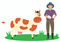 农夫用奶牛生产牛奶. 当地生产。 环保产品。 耕作。 牛肉肉。 孤立的可编辑