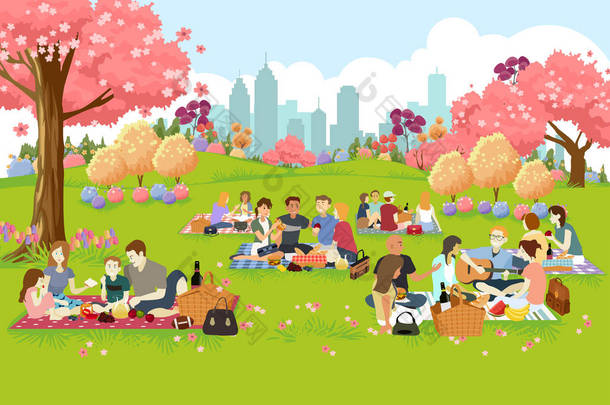 春天人们在公园野餐