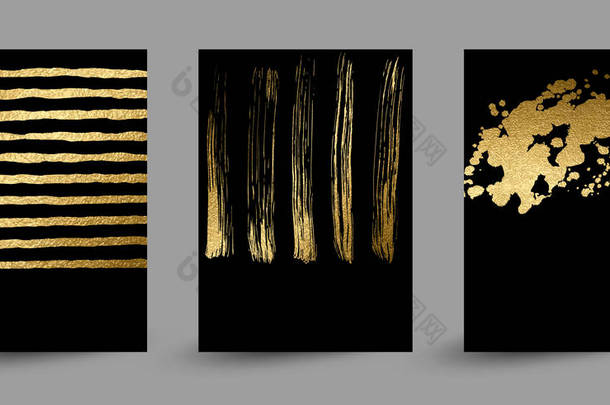 一组带有金色纹理的横幅, 黑色背景上的污点形成的抽象装饰.