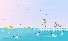 情侣们拥抱在一座延伸到大海的白色桥上。旁边有一辆自行车，以海鸥和渔船为背景