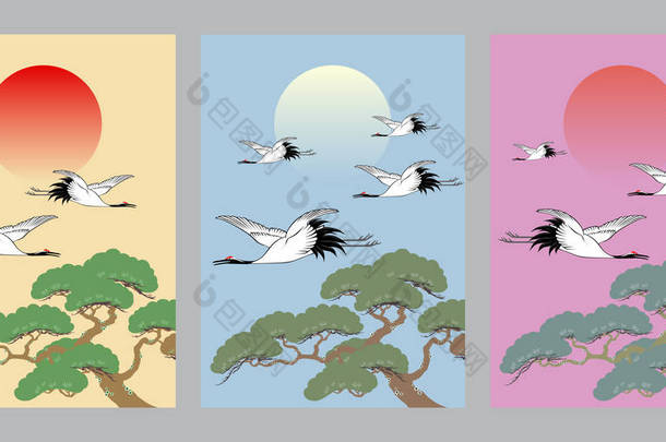 以旭日为抽象背景的日本鹤和松<strong>树</strong>