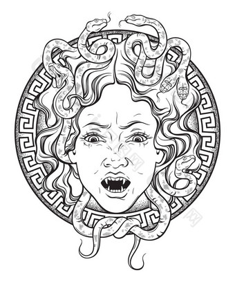 美杜莎头上的盾手画线艺术和点工作纹身或打印设计孤立的矢量插图。Gorgoneion 是保护护身符.图片