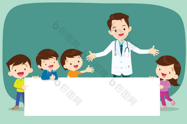 医生和孩子们拿着空白<strong>的</strong>牌子呈现。男孩和女孩指向空白论文例证.
