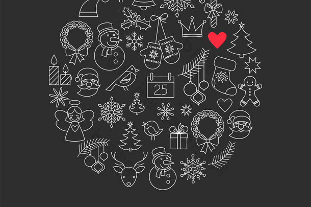 圣诞球 — — 黑色和白色线图标