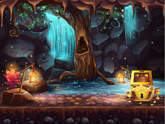 幻想洞穴瀑布、 树、 藏宝箱