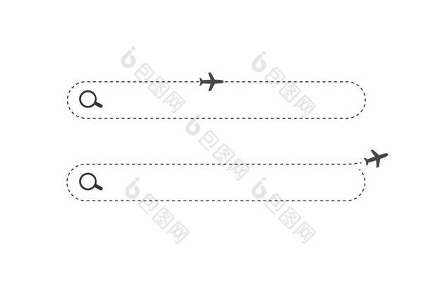 搜索吧。 有放大镜和飞机图标的水平场。 简单的平面搜索按钮设计，适用于航空、网络技术、网络、互联网、假日旅行.