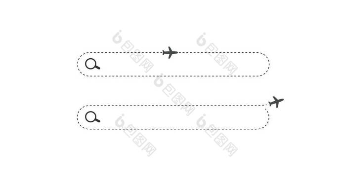 搜索吧。 有放大镜和飞机图标的水平场。 简单的平面搜索按钮设计，适用于航空、网络技术、网络、互联网、假日旅行.