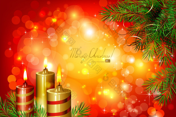 红色圣诞背景与燃烧的蜡烛和杉木树