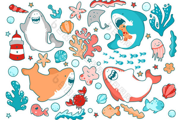 可爱的海洋英雄，有趣的鲨鱼，情感的微笑，在海藻，鱼和动物之间游泳。日本风格的插图集