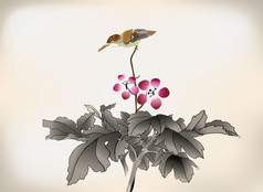 绘制的中国水墨画风格花卉鸟