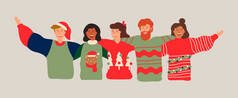 圣诞节期间的朋友团体五花八门, 年轻人抱着冬衣参加节日聚会。女孩和男孩团队拥抱在孤立的背景, 网络横幅格式.
