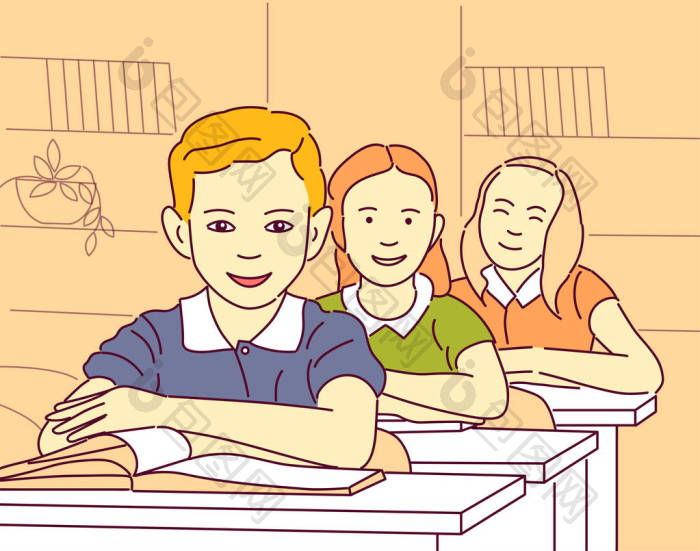 矢量卡通插图的小学生上课女孩和男孩坐在书图片-包图网企业站