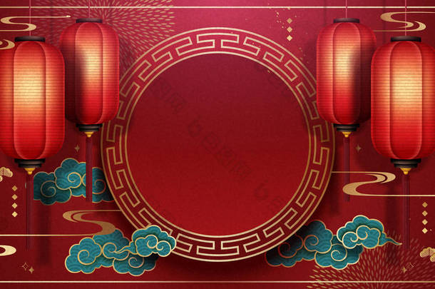 美丽的中国<strong>春节背景</strong>与红色灯笼和绿松石云