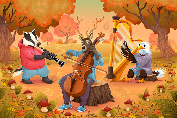 音乐家在树林里的动物