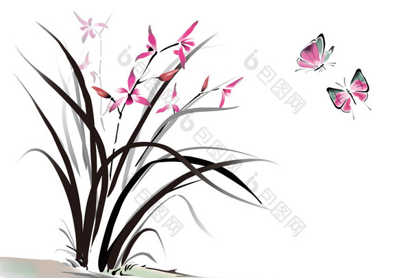 中国兰花与蝴蝶水墨风格