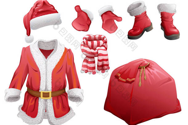 圣诞老人的圣诞饰品的一套。毛皮大衣、 帽子、 靴子、 手套、 条纹的围巾礼品袋