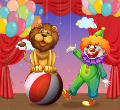 一只狮子和在马戏团里的小丑