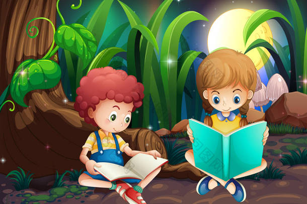 <strong>男孩</strong>和女孩阅读书在花园里