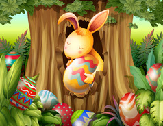 一只兔子的一棵树与鸡蛋包围洞内