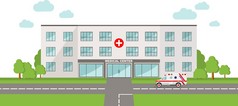 医学的概念。与医院建设和救护车汽车在平面样式的全景背景.