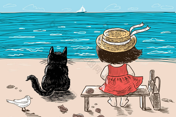 一个小女孩和她的猫坐在海边