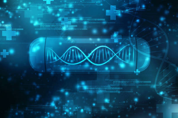 DNA结构、<strong>抽象医疗</strong>和保健背景、高科技概念、 DNA在高科技蓝色背景下的未来发展 