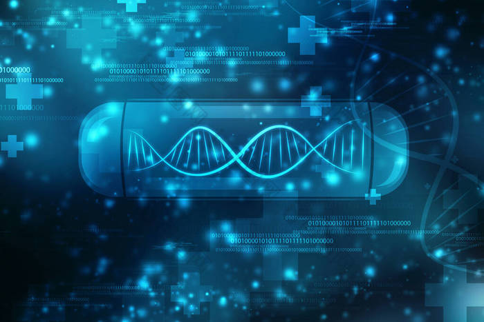 DNA结构、抽象医疗和保健背景、高科技概念、 DNA在高科技蓝色背景下的未来发展 