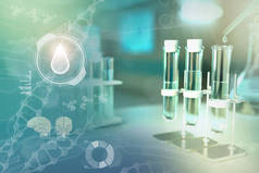 饮用水水质检测的病毒（如covid-2019）概念-实验室试管在现代化学学院诊所，医学三维插图