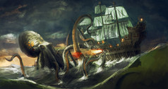 海怪，攻击船的巨型章鱼
