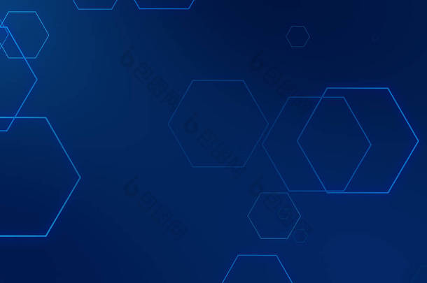 六边形几何蓝色霓虹灯技术高科技黑暗背景。数字数字未来科学概念的设计.