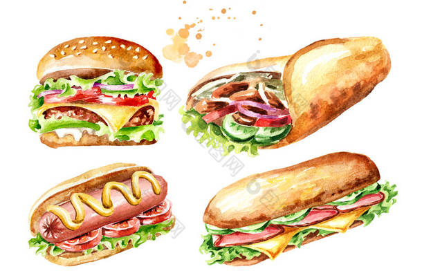 快餐套装。汉堡，唐纳<strong>烤肉串</strong>，三明治，热狗。水彩手绘插图，在白色背景上隔离