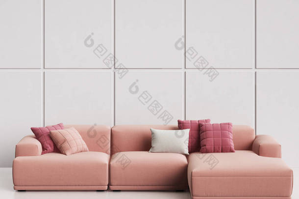 现代斯堪的纳维亚设计沙发在白色空的内部。复制空间, <strong>样机</strong>内部。数字插图. 3 d 渲染
